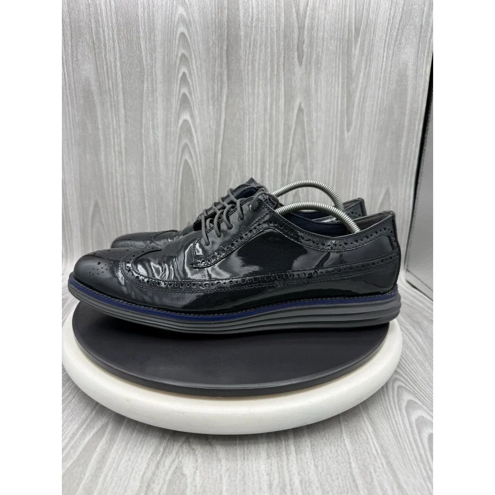 Cole Haan Grand OS Longwing Mens Size 12M Shiny Navy Blue Wingtip Oxfords C21023